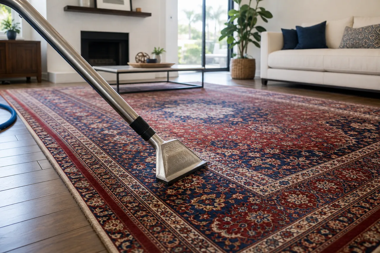 Richly patterned wool area rug being professionally cleaned in a bright living room