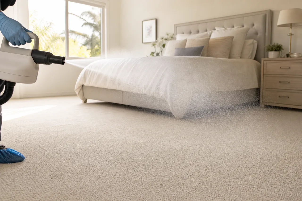Fine deodorizing mist being applied to freshly cleaned carpet