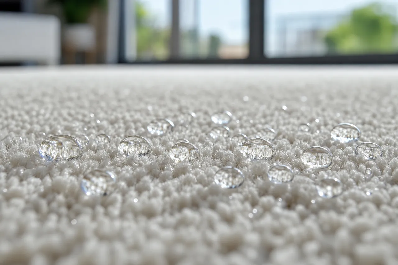 Water beading on the surface of protected, freshly cleaned carpet