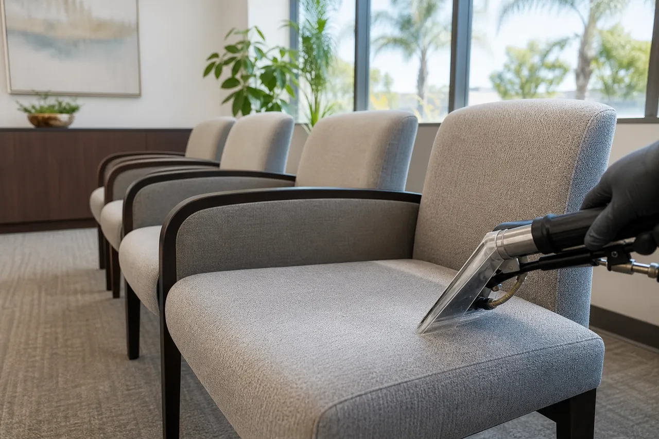 Waiting-room chairs being professionally cleaned in a bright office lobby