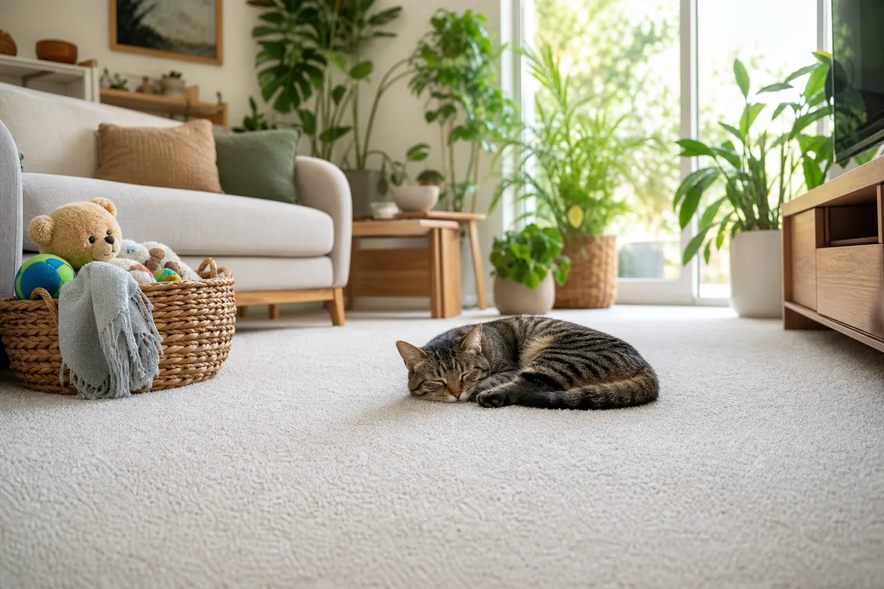 Child and pet-friendly living room with plants and freshly cleaned carpet
