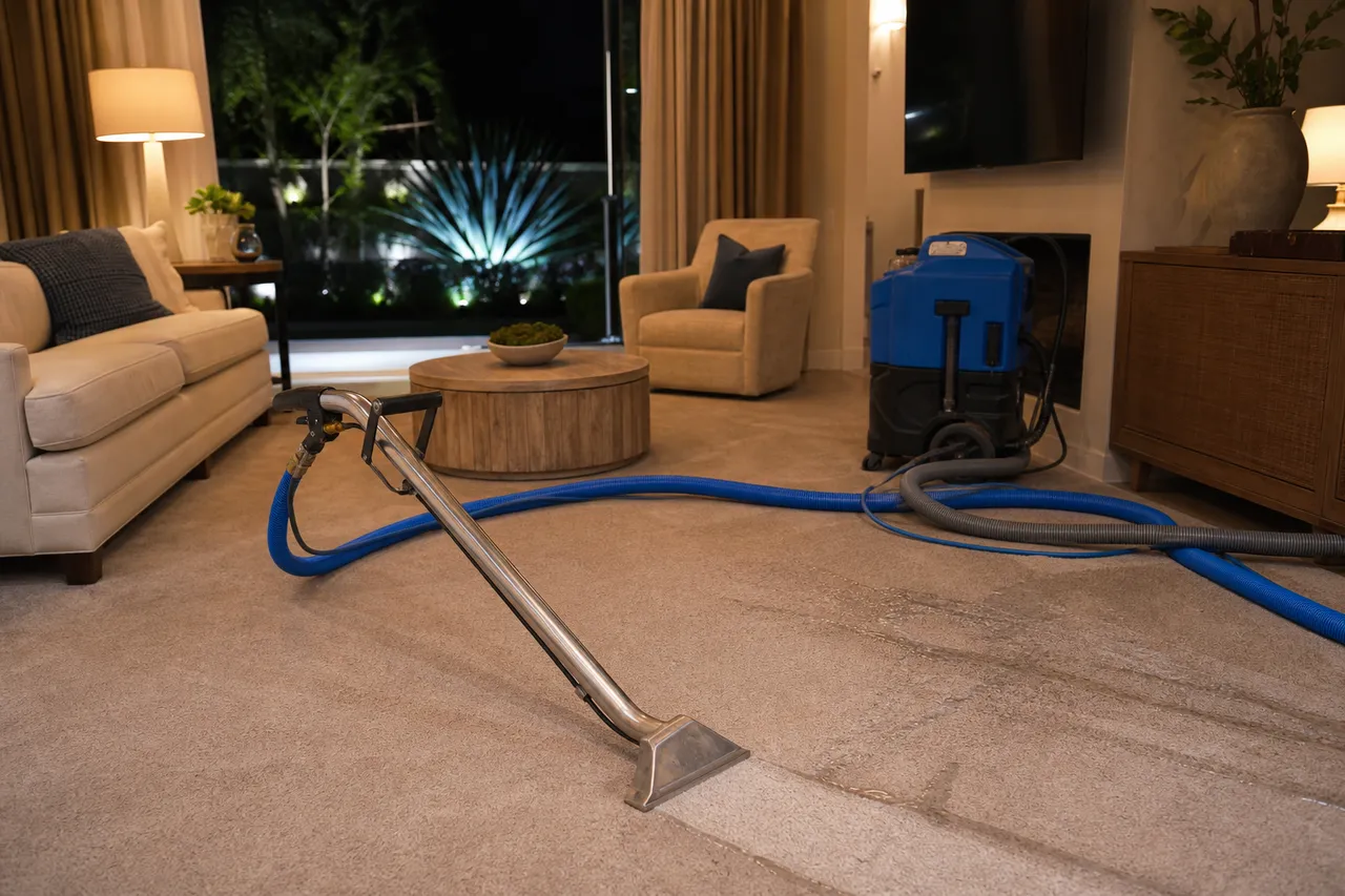 Professional extraction equipment responding to an urgent carpet cleanup at night