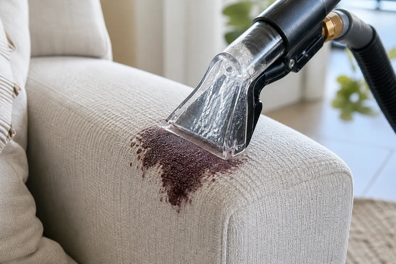 Fresh spill on a sofa arm being treated quickly with a spot tool