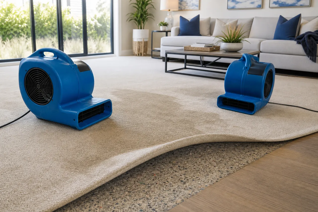 Air movers drying carpet after professional water extraction