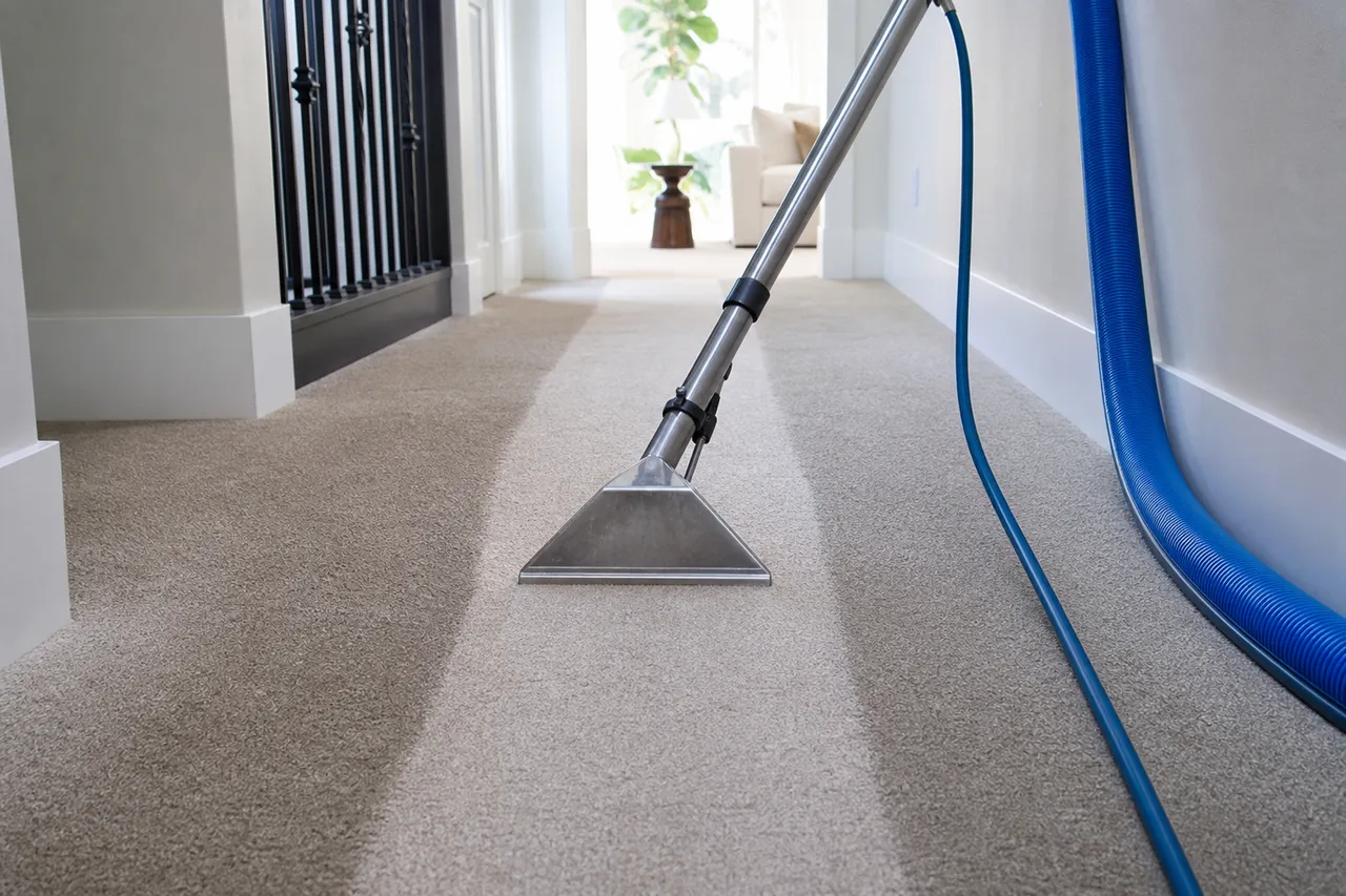 Extraction wand mid-pass restoring a darkened carpet traffic lane in a hallway