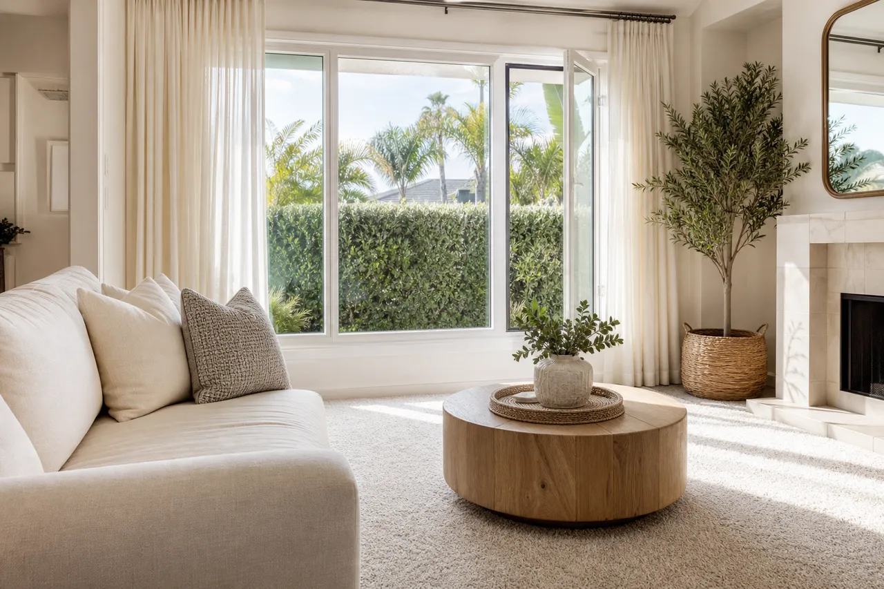 Bright, airy living room with windows open and freshly treated carpet