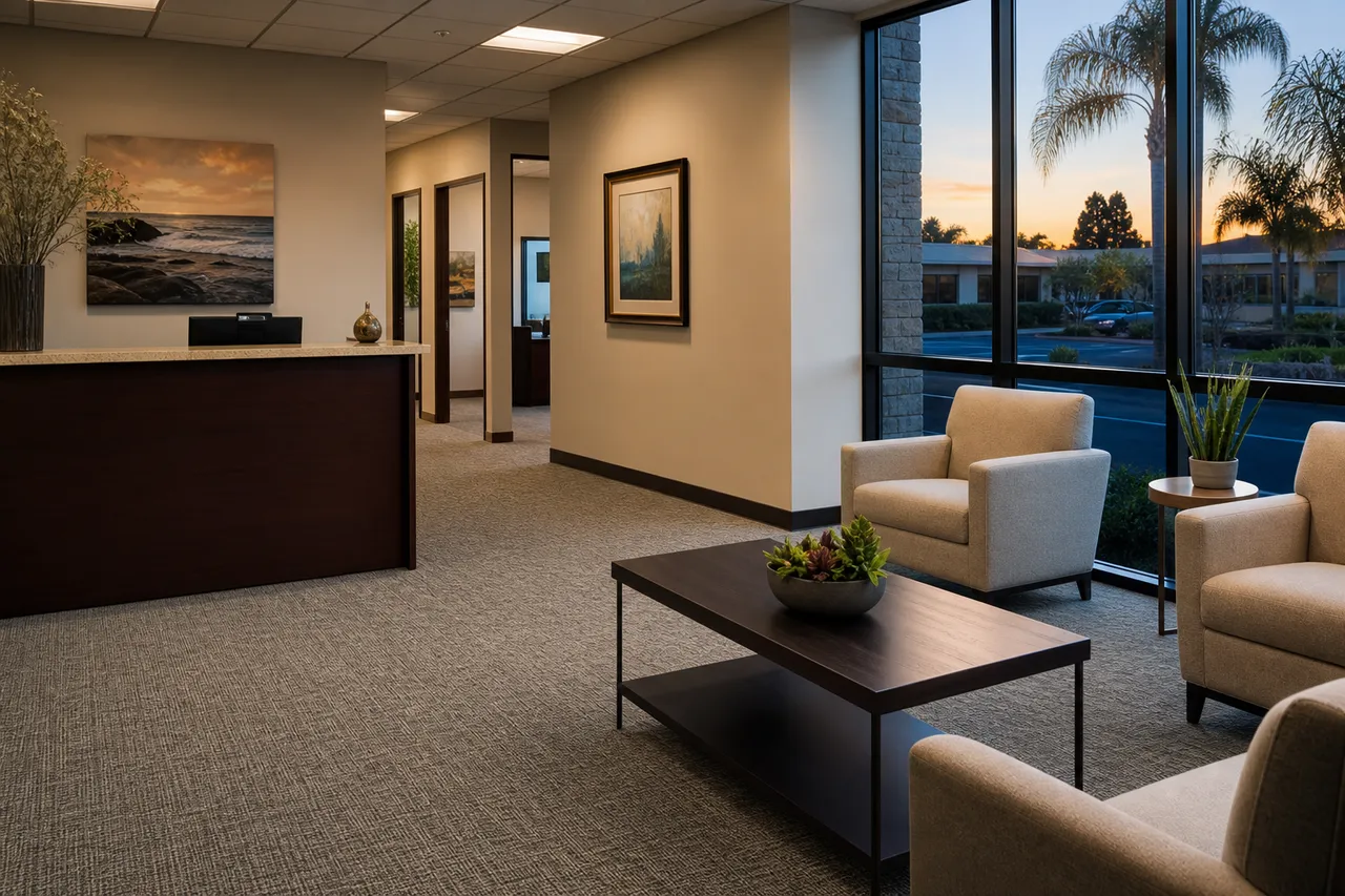Reception and waiting area with freshly cleaned commercial carpet