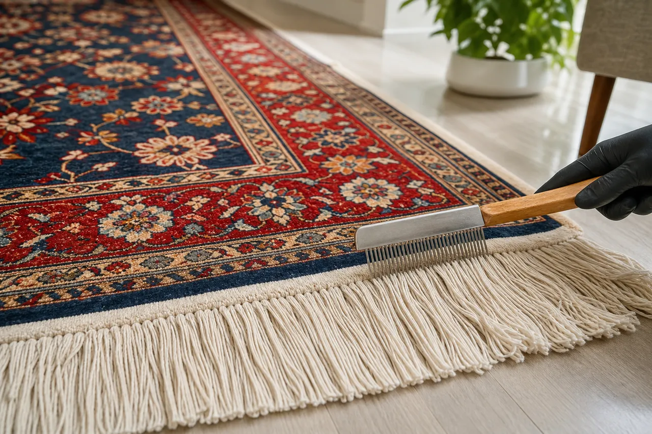 Hand-finishing the fringe of an oriental rug after gentle cleaning