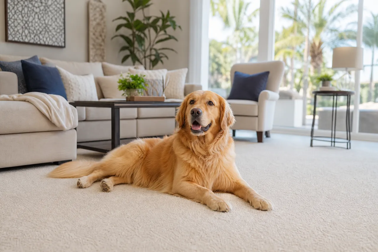 Happy dog resting on freshly cleaned carpet in a bright family room