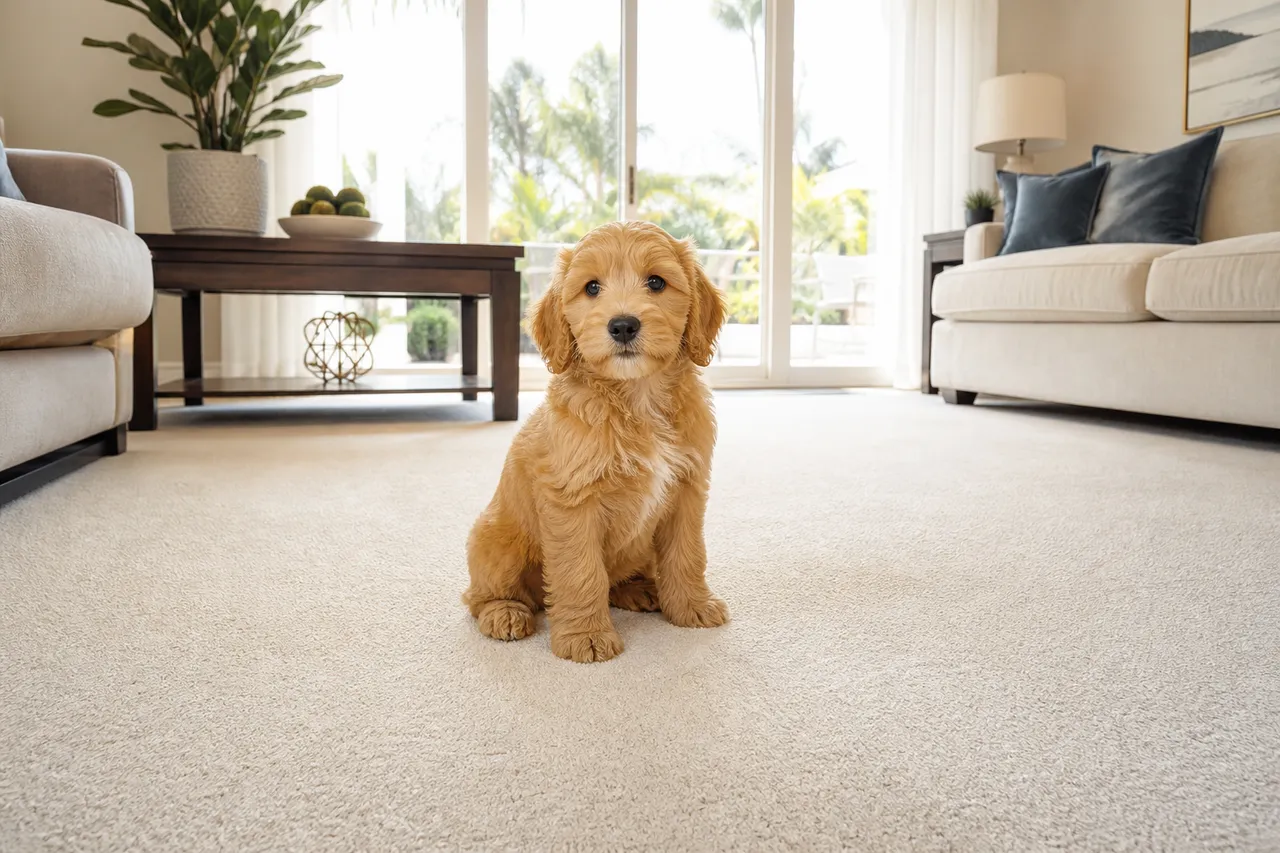 Puppy sitting on spotless, freshly cleaned carpet