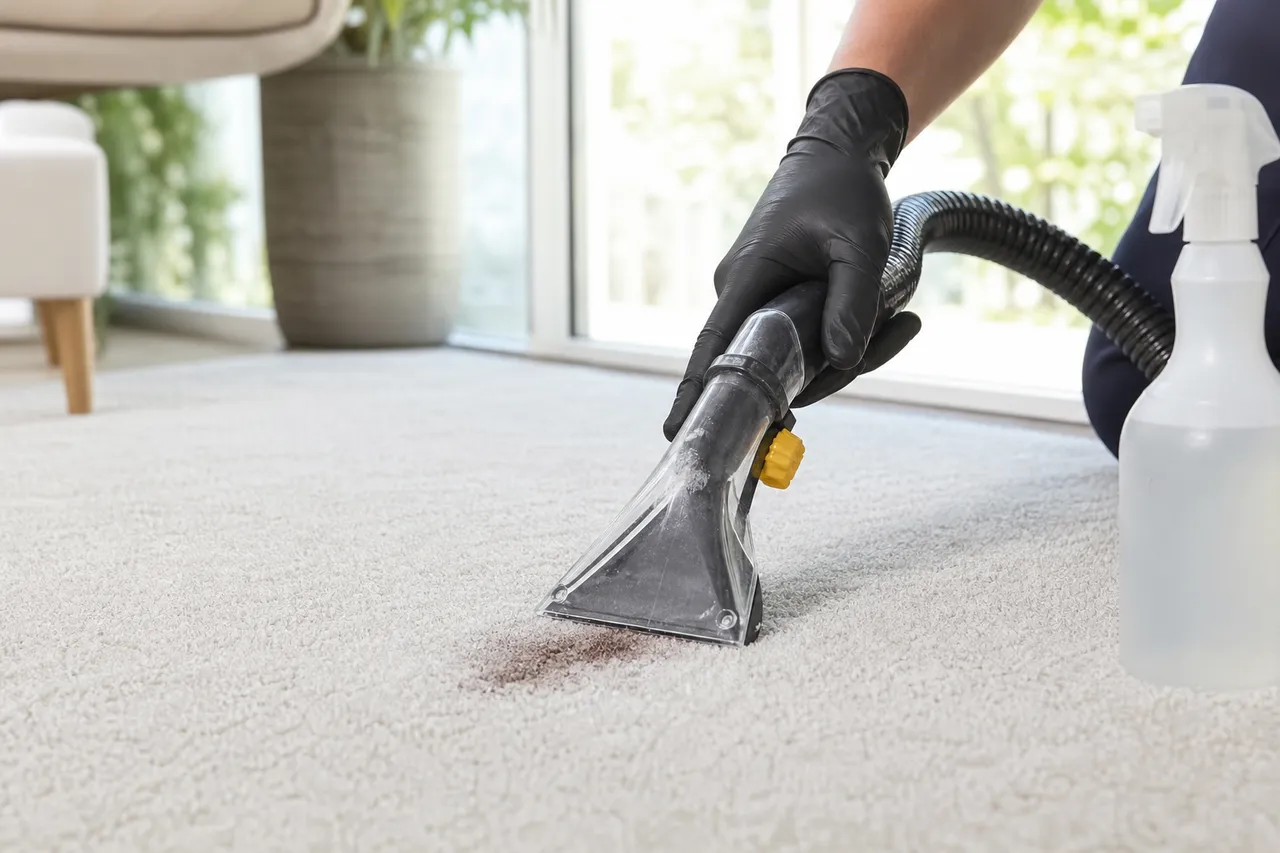 Professional spot treatment lifting a pet stain from light carpet