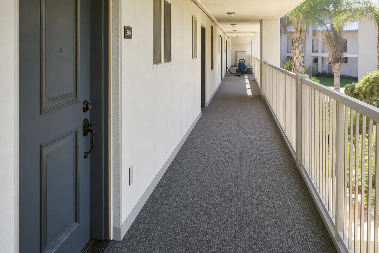 Apartment building corridor with freshly cleaned carpet