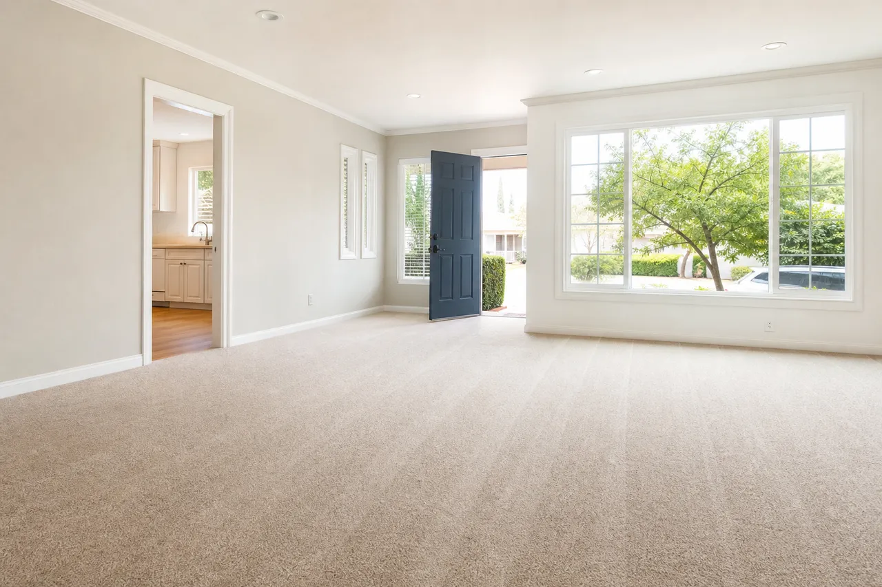 Empty rental home living room with freshly cleaned carpet, ready to show