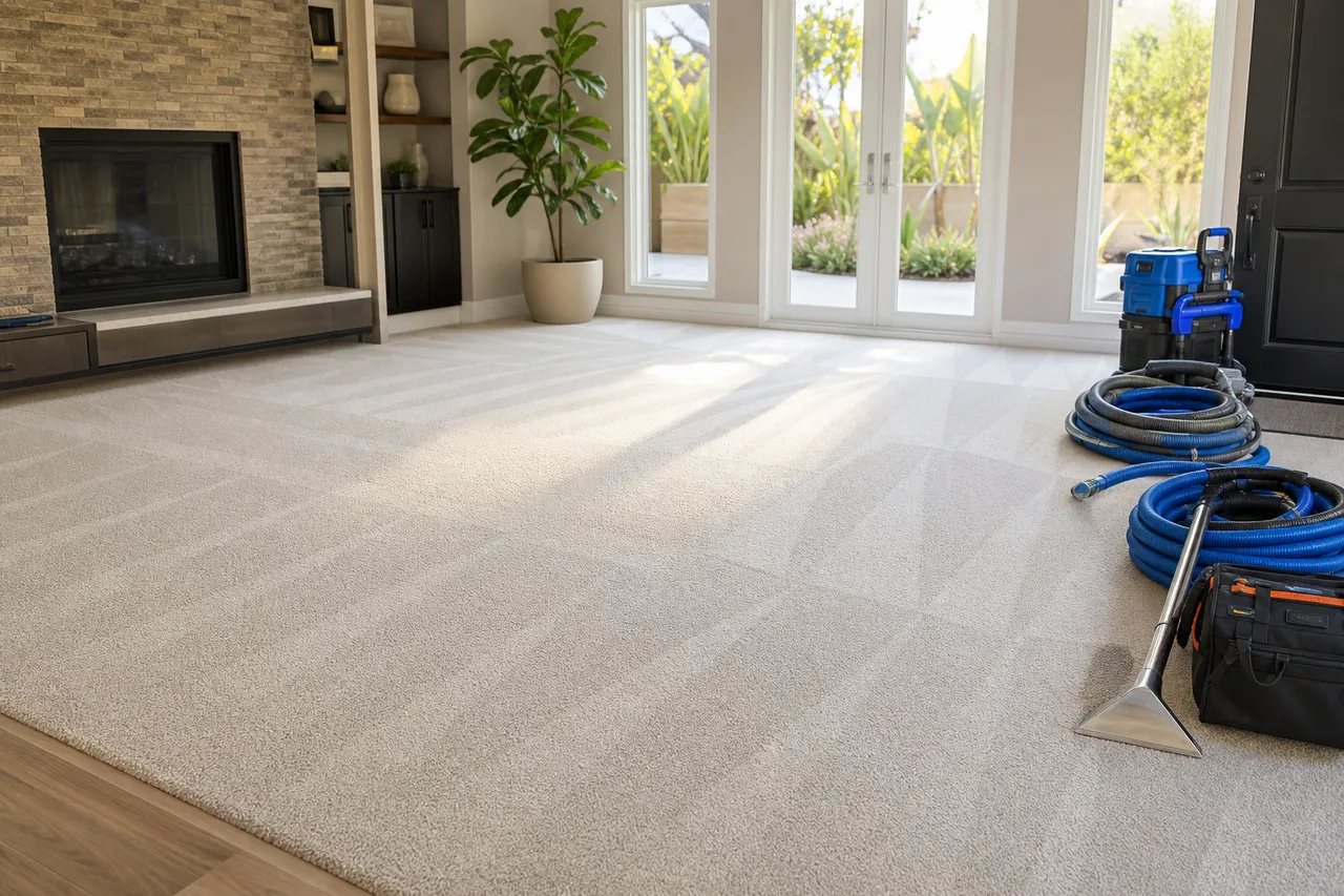 Carpet cleaning equipment being packed up in a freshly cleaned living room