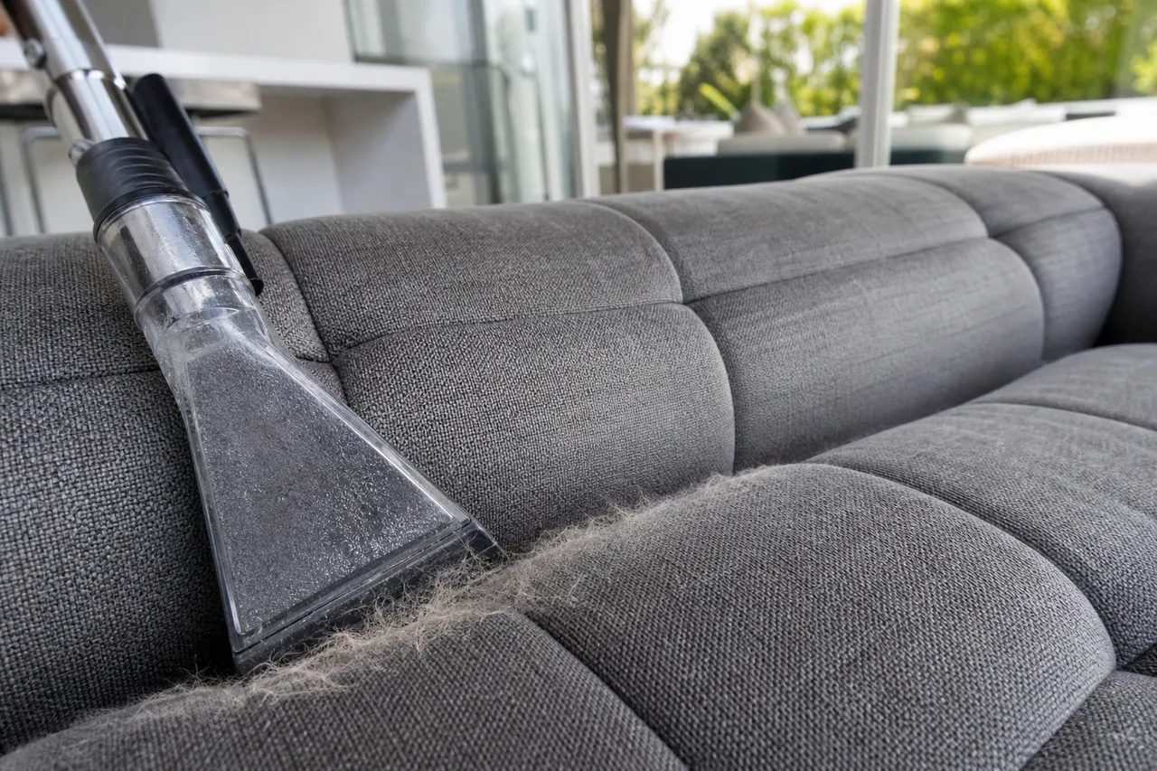 Close-up of an upholstery tool cleaning the seam of a sectional cushion