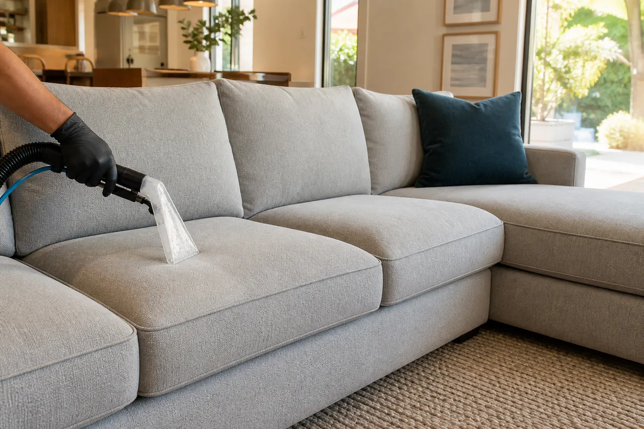 Large L-shaped sectional sofa being professionally deep-cleaned in a family room