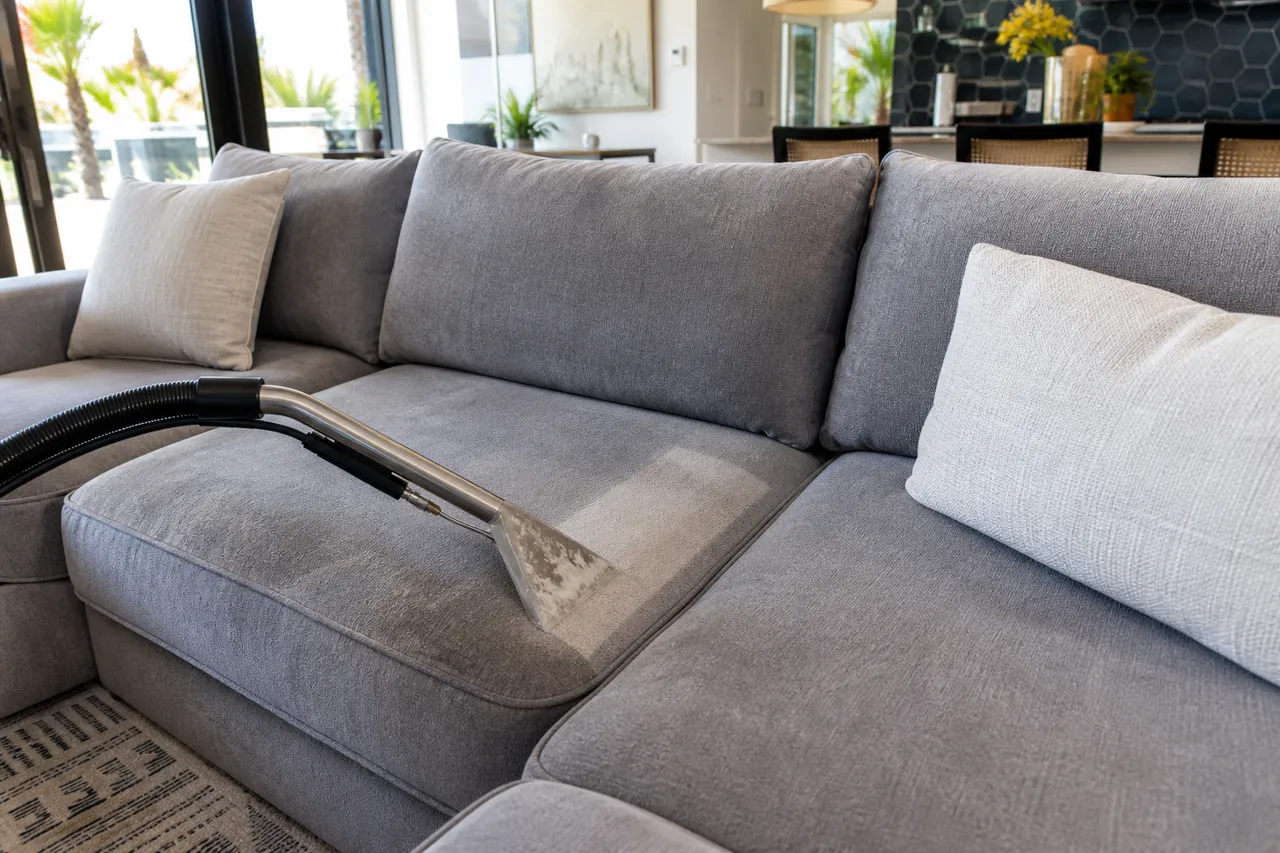 Sectional sofa cushions being deep-cleaned one by one