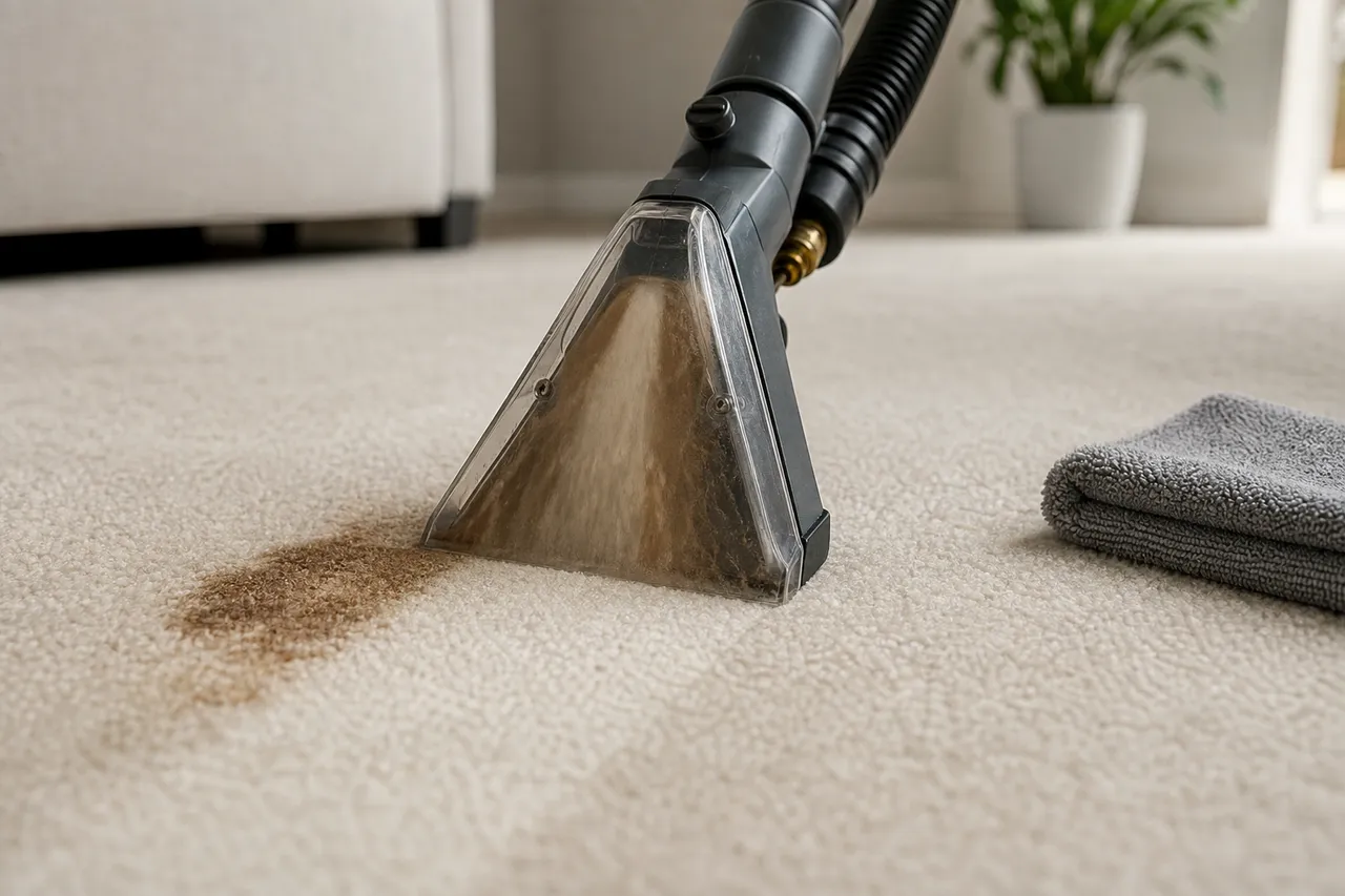 Spot-treatment of a coffee stain being extracted from light carpet