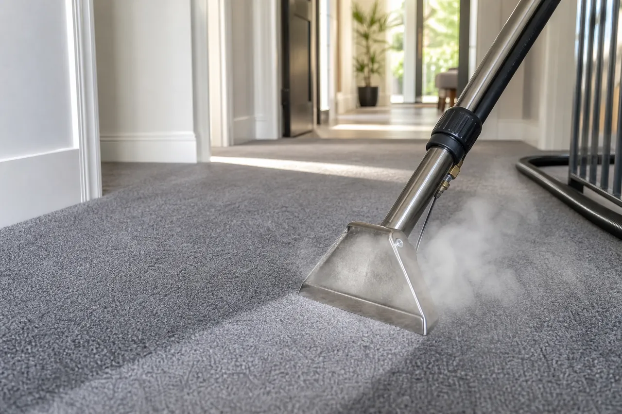 Steam rising from a hot-water extraction wand deep-cleaning carpet
