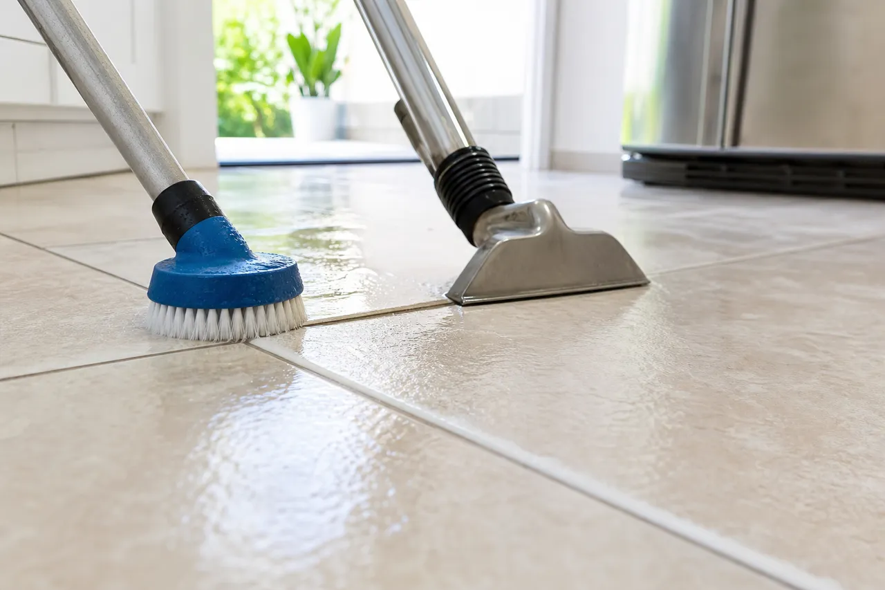 Close-up of tile and grout lines being deep-cleaned to their original color