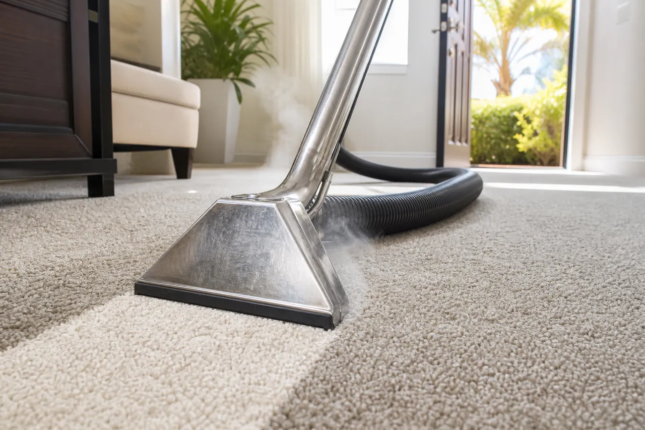 High-powered steam extraction wand deep-cleaning plush carpet