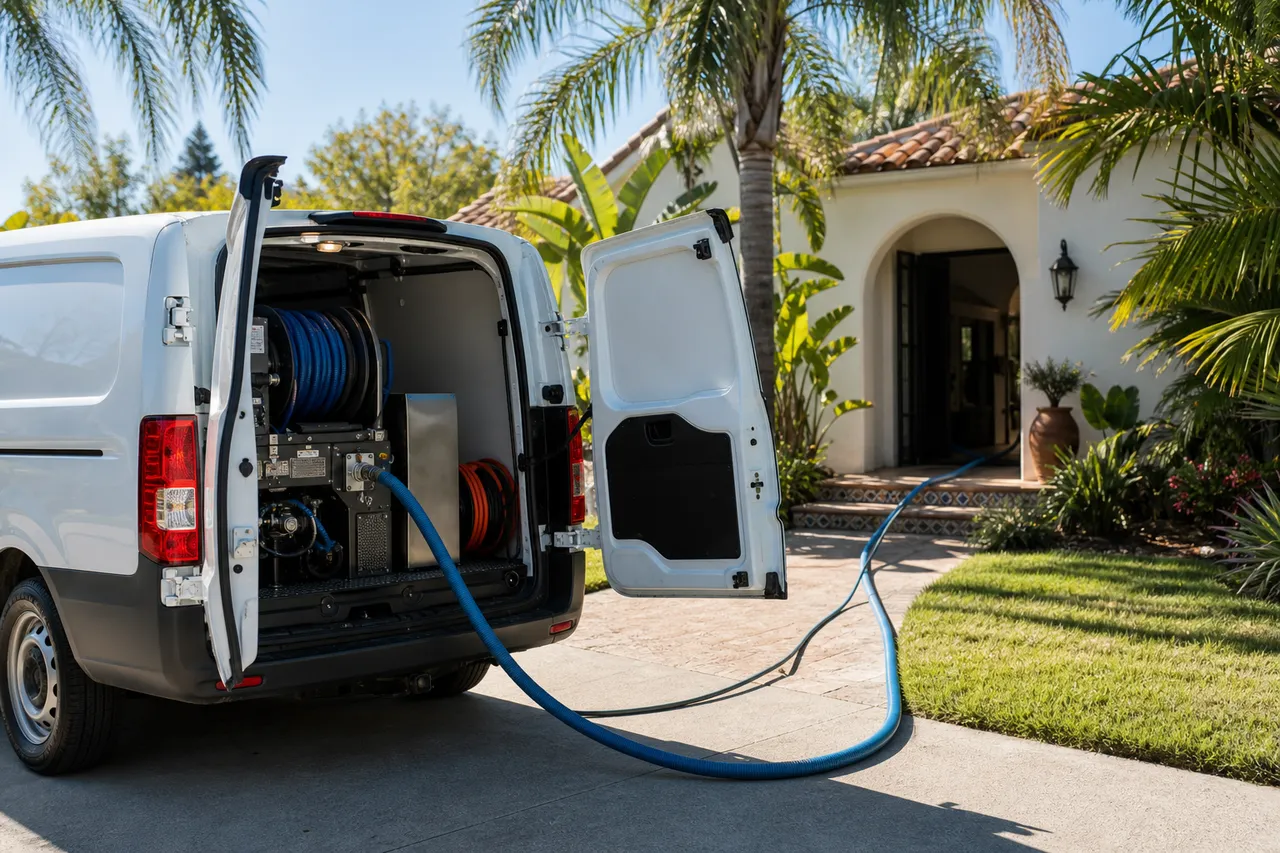 Professional cleaning hoses running from a service van to a home's front door