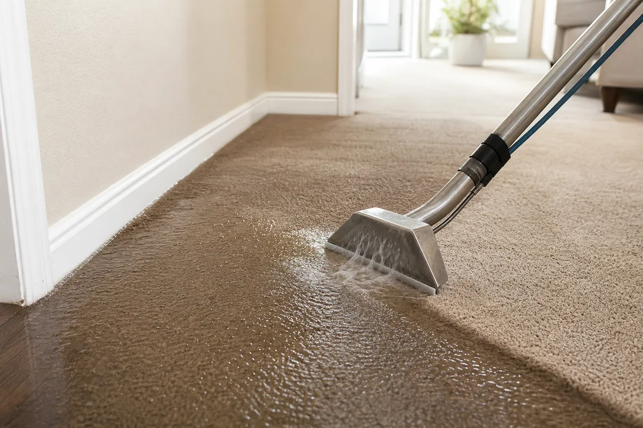 Professional wand extracting standing water from soaked carpet